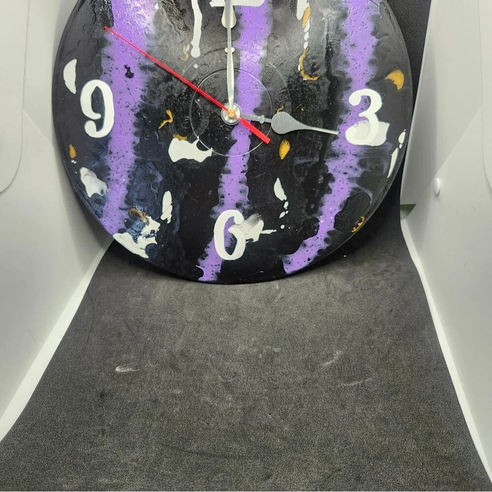 Hand Crafted Abstract Hanging Wall Clock Analog Vinyl Record Fluid Art Decor